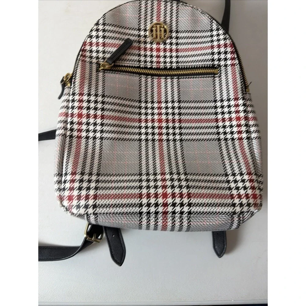 Tommy Hilfiger Women's Black And Red Plaid  Backpack Monogram Printed Logo